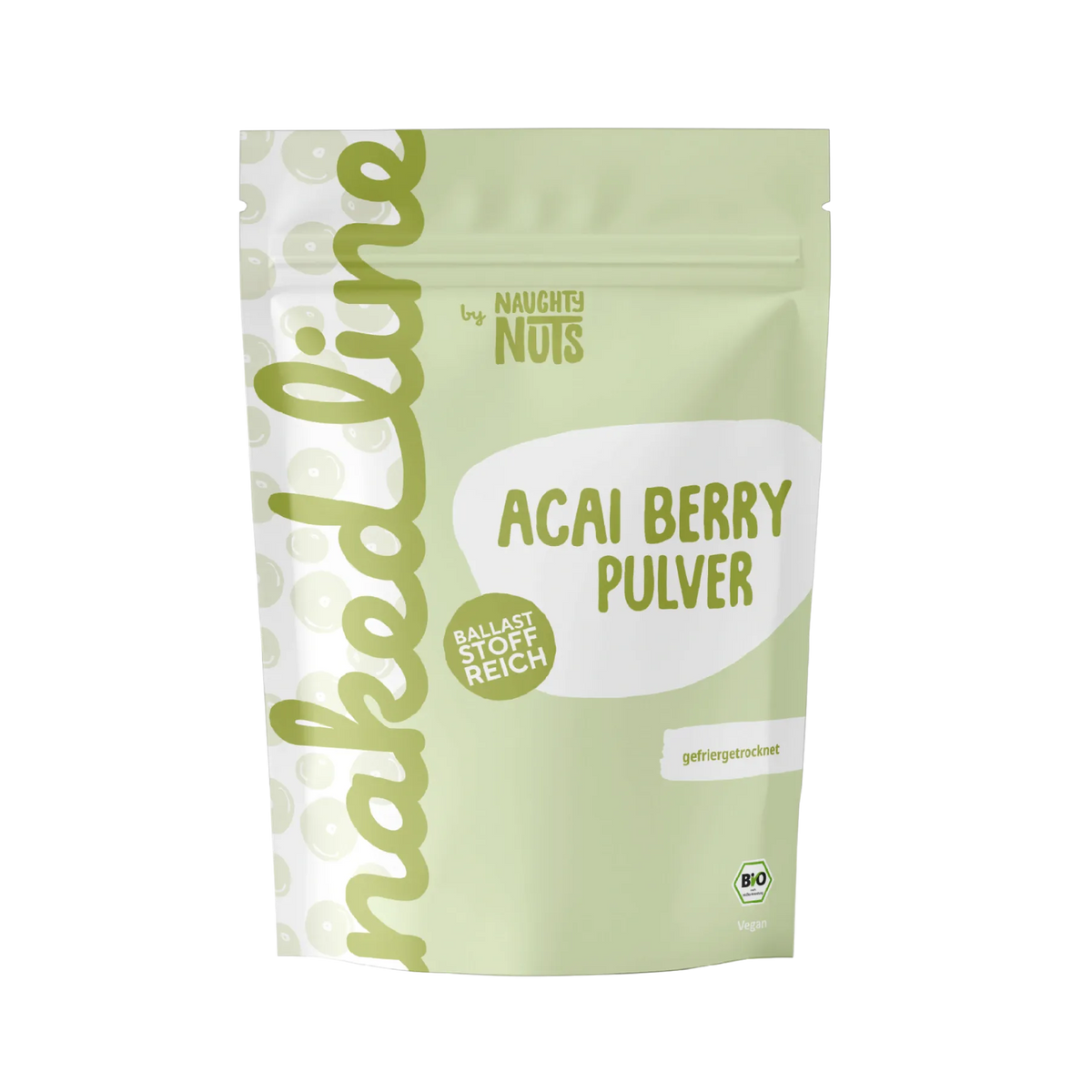 Naughty Nuts Acai Berry Pulver in einer hellgrünen Standbodenbeutel Verpackung