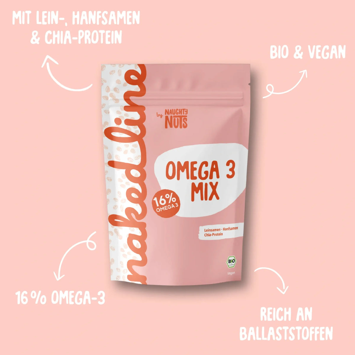 Omega 3 Mix Beutel mit Leinsamen Hanfsamen und Chia Protein in Bio und Vegan Qualität