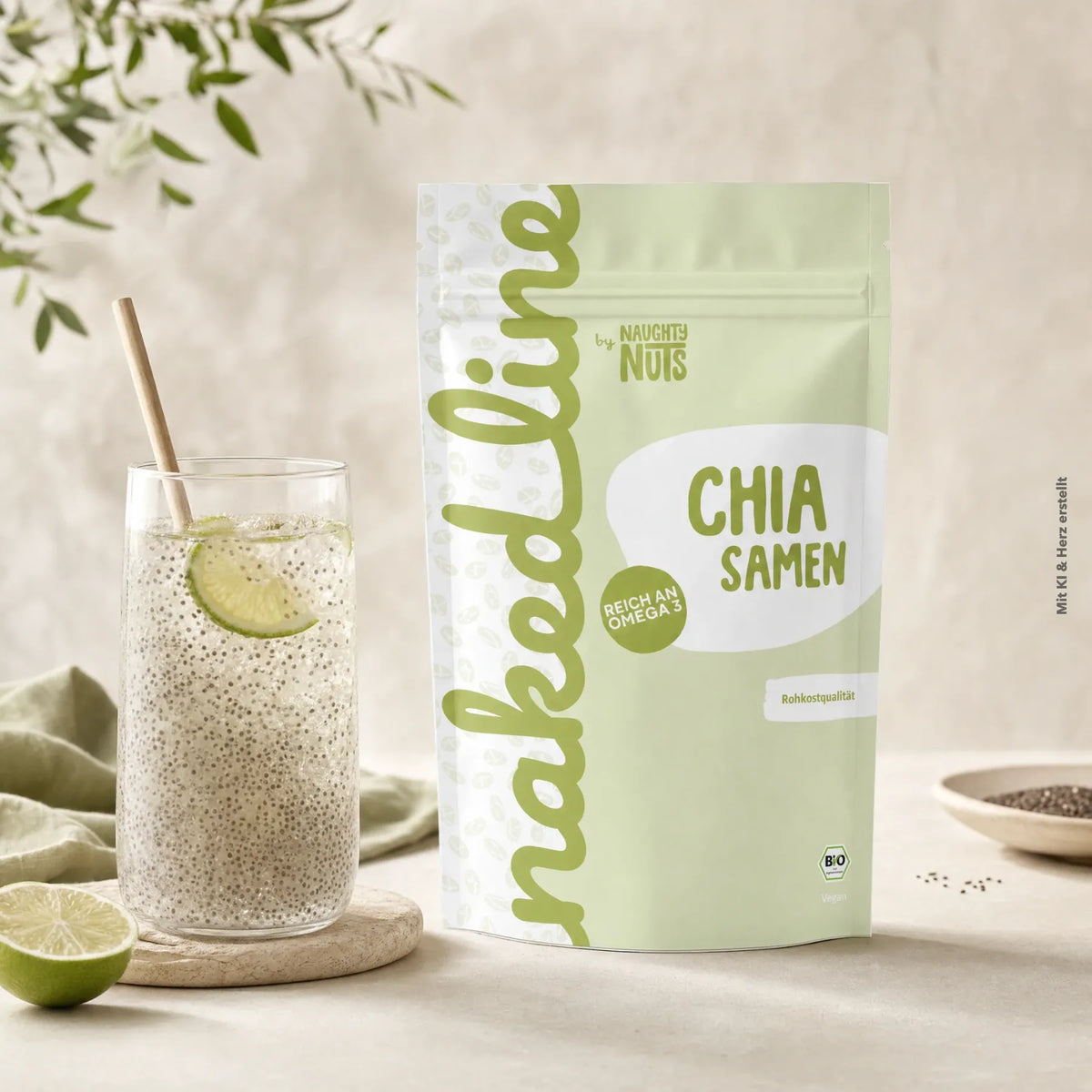 Verpackung von Nakedline Chia Samen neben einem Glas mit Chia-Limetten-Getränk