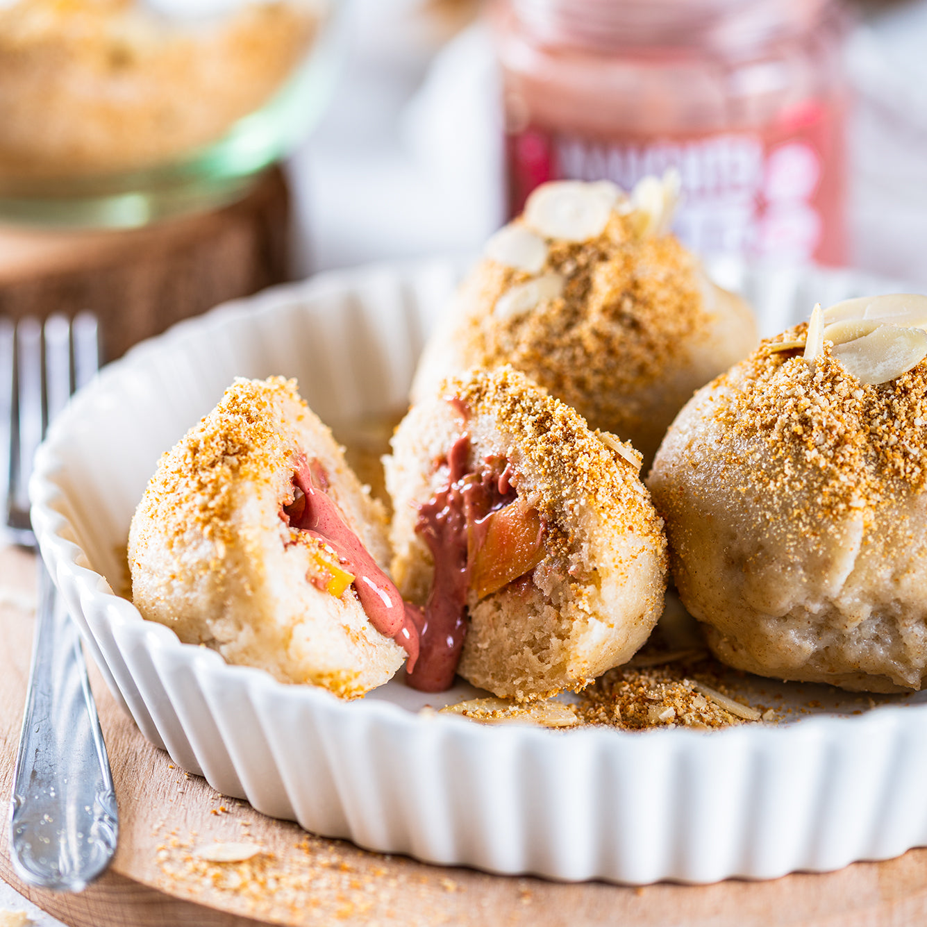 Topfenknödel mit Äpfeln und Raspberry Rumble