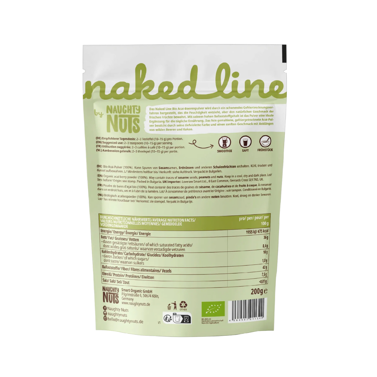 Rückseite der Acai Berry Pulver Verpackung mit Nährwerttabelle und Anwendungshinweisen