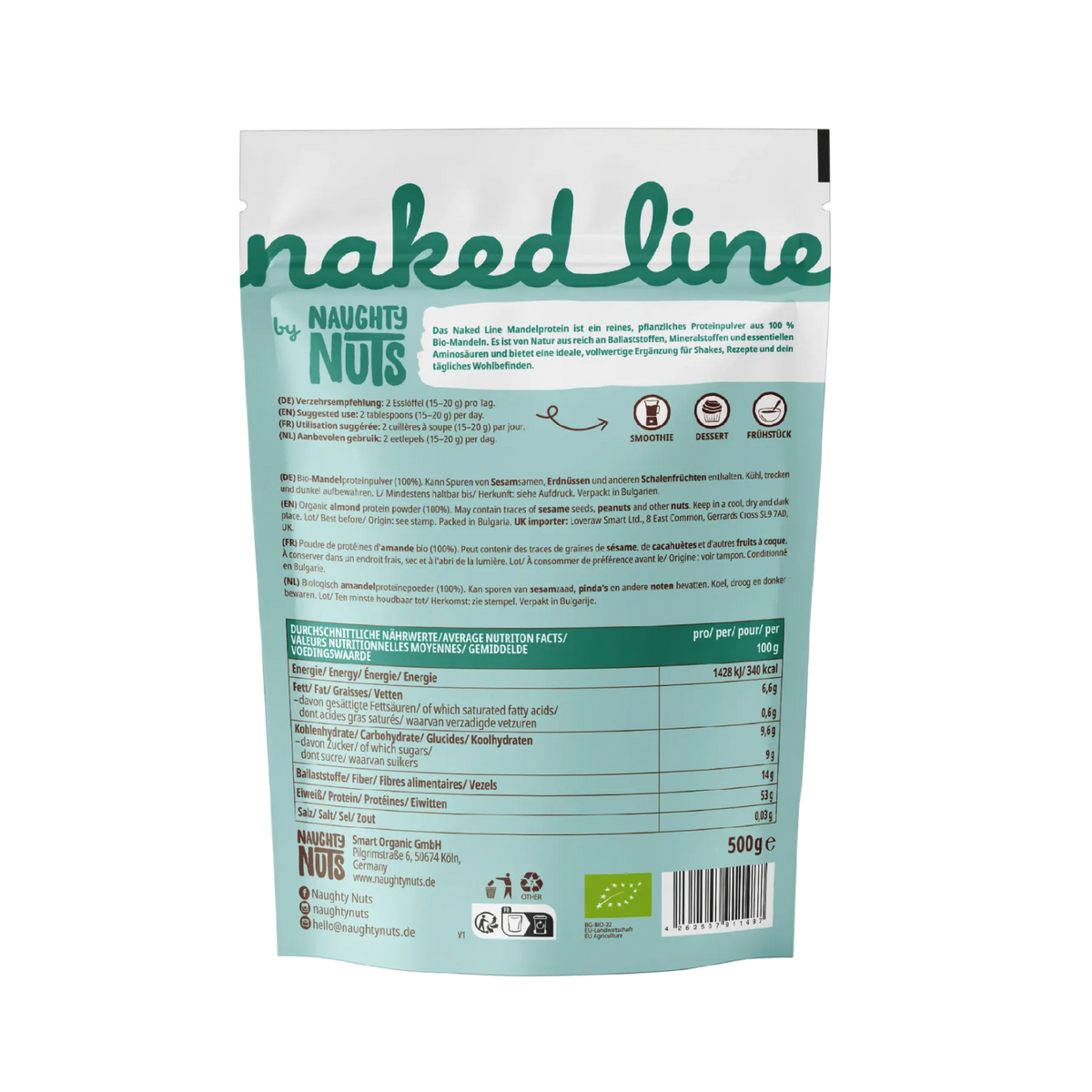 Rückseite der Mandel Protein Verpackung mit Nährwerttabelle und Anwendungshinweisen