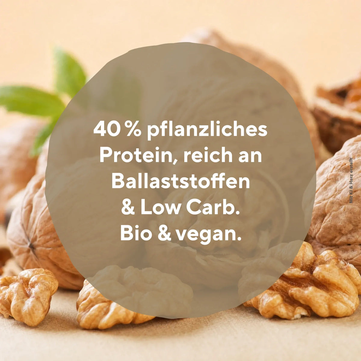 Walnüsse mit Textoverlay zu pflanzlichem Protein Ballaststoffen Low Carb Bio und vegan