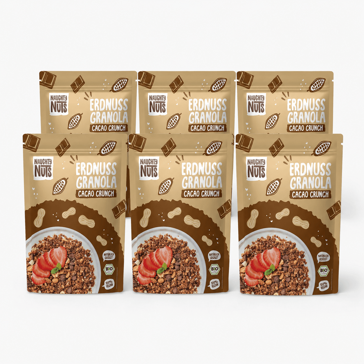 Sechs Packungen Bio Erdnuss Granola Schoko mit Schüssel und Erdbeeren