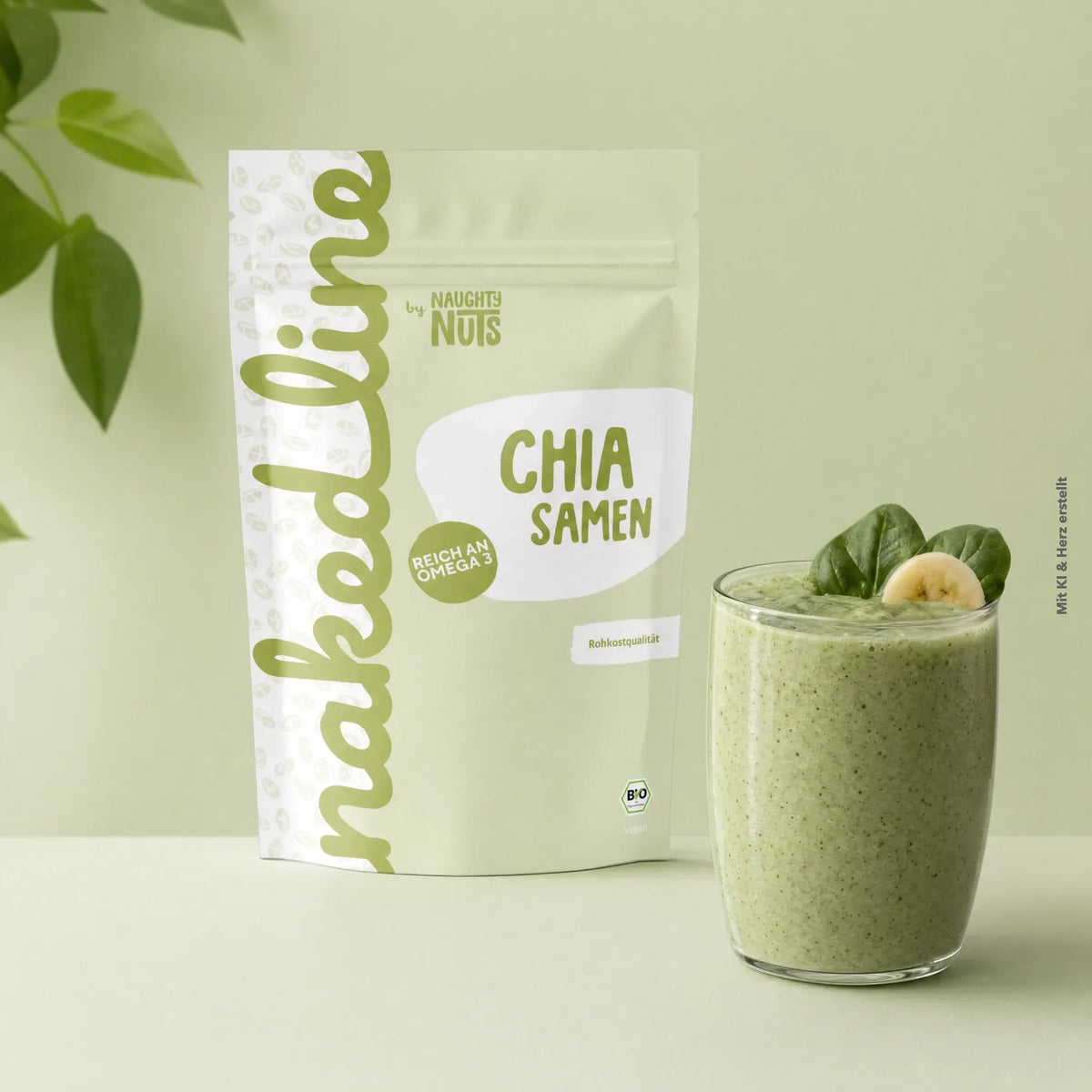 Verpackung von Chia Samen neben einem grünen Smoothie mit Bananenscheibe und Blatt