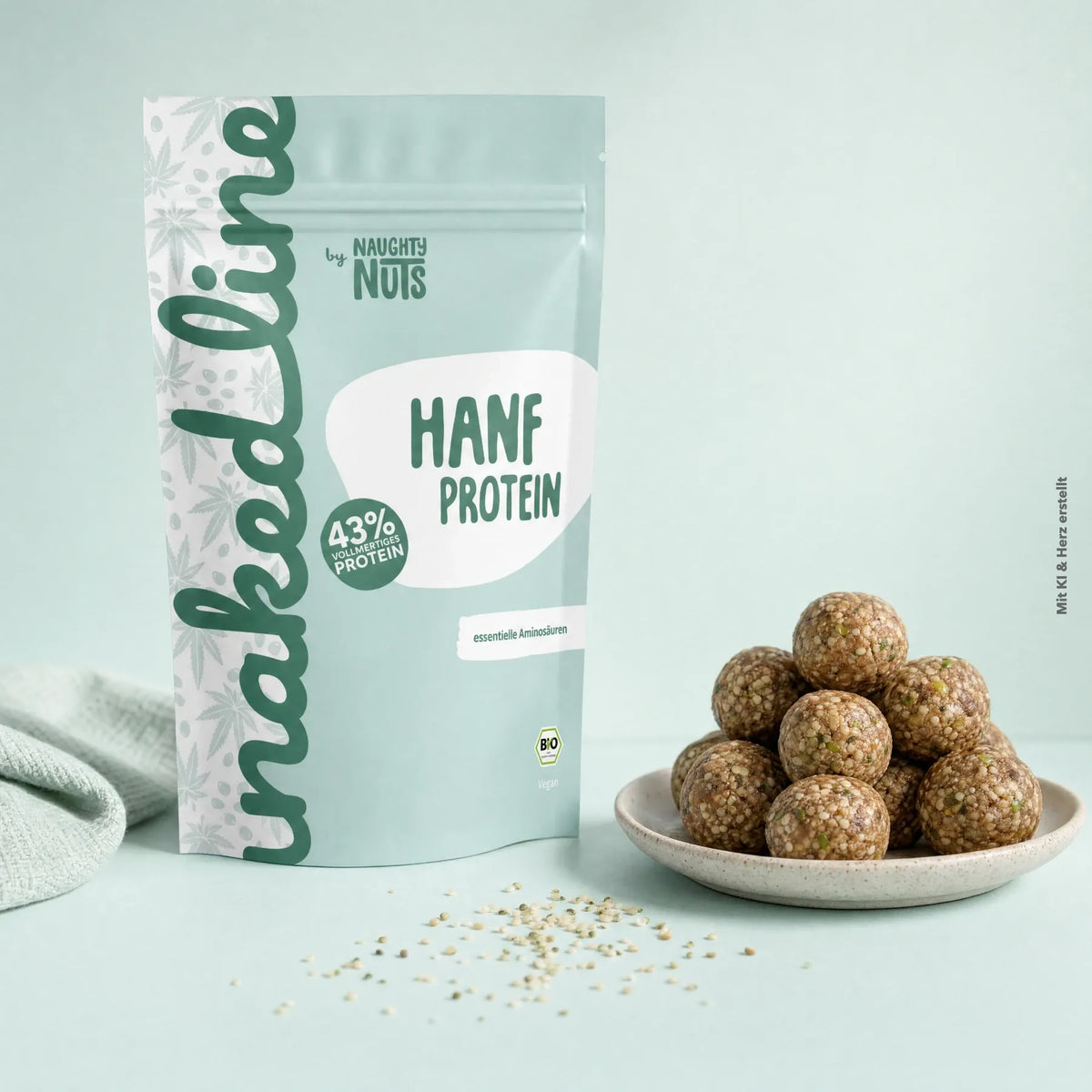 Hanf Protein Beutel neben einem Teller mit kleinen runden Energiebällchen auf hellblauem Untergrund